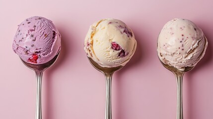 Three ice cream scoops on spoons, pink background, dessert, food photography, sweet treat