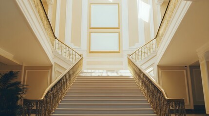 Fototapeta premium A grand staircase in a luxury hotel with an ornate golden railing and a white frame mounted on the wall.