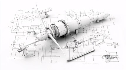 isometric 3D sketch-style wind turbine, black and white technical drawing, blueprint aesthetic, engineering precision, detailed schematics, artistic hatching, clean technical look