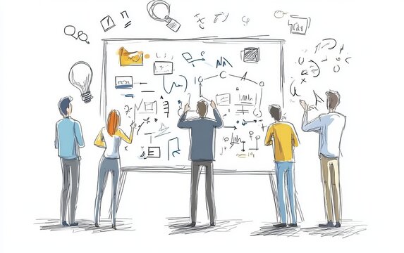 Team brainstorming ideas on whiteboard, office background, problem-solving session, project planning