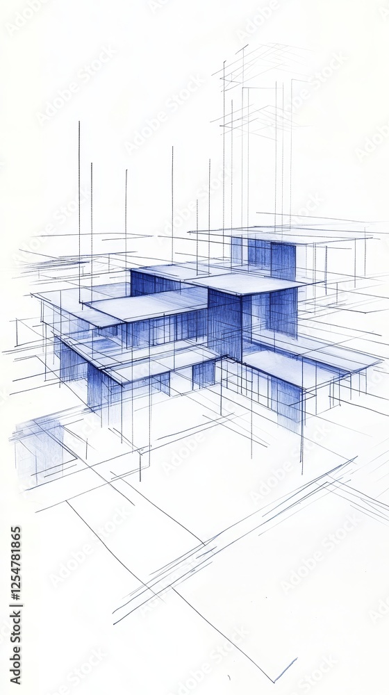 Poster abstract architectural blueprint depicting a modern structure with intersecting lines and layers