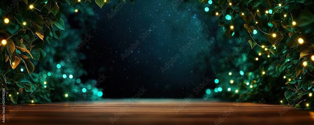 Poster glow forest idea. enchanting forest scene with sparkling lights creating a magical atmosphere.