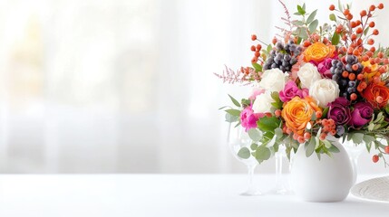 Colorful flower bouquet in vase, table setting, bright room