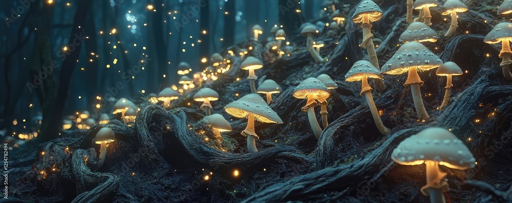 Poster glow forest idea. illuminated mushrooms in a dark forest, creating a magical and enchanting atmosphe