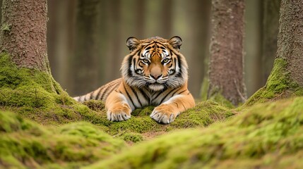 Obraz premium Majestic tiger resting in mossy forest