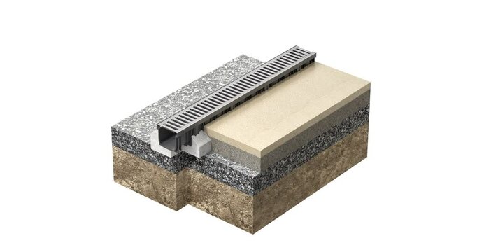 Cross section of drainage system concept with channel between lawn and pavement blocks isolated on white background - 3D animation
