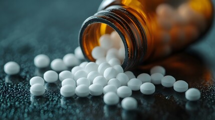 Close-up of Homeopathic Pellets Spilled from an Amber Bottle