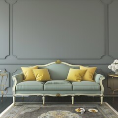 Elegant living room with a grey wall. a white sofa with yellow pillows. a rug. a side table. and flowers
