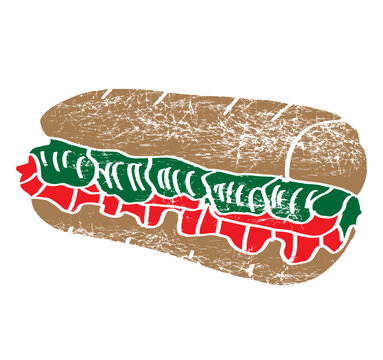 Short submarine sandwich with tomato, cheddar cheese, and cow beef ham croque textured vector illustration