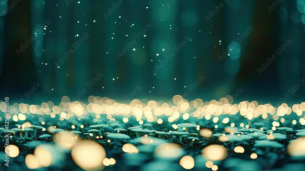 Poster glow forest idea. a serene forest scene with soft glowing lights and gentle falling rain for a calmi