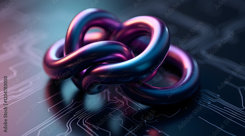 Aufkleber abstract 3d render of a metallic knot on a circuit board background: modern tech art with intertwine