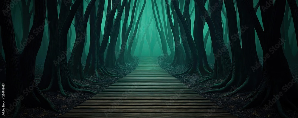 Poster glow forest idea. a mystical forest path shrouded in mist and shadow, inviting adventure and explora