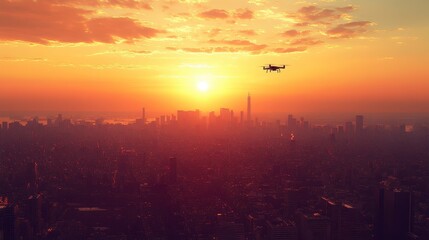 Aerial cityscape sunset view, dense city buildings, warm orange and yellow light, silhouette of a vehicle, dramatic sky, modern architecture, urban