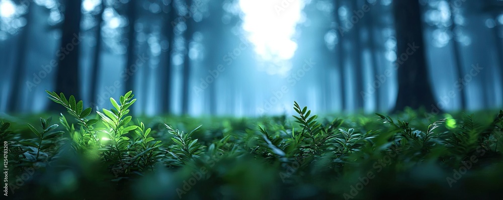 Poster glow forest concept. misty forest scene with lush ferns and gentle light filtering through tall tree