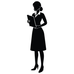 A silhouette of a female teacher standing gracefully, holding a book 