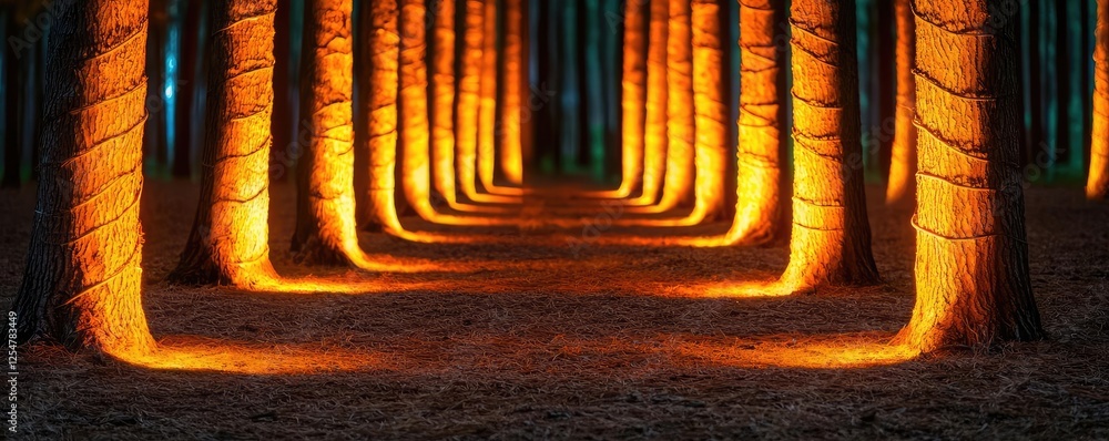 Poster glow forest idea. illuminated forest path lined with trees, creating a magical atmosphere at night.