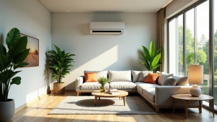 Modern living room interior design featuring a sectional sofa, potted plants, and a wall-mounted air conditioner, bathed in sunlight streaming through large windows.