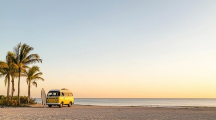 Fototapeta premium Yellow Camper Van On Beach At Sunset