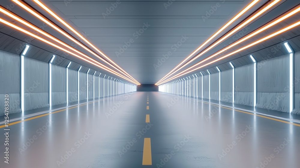 Poster modern futuristic tunnel with symmetrical led lighting and perspective view on a smooth road surface
