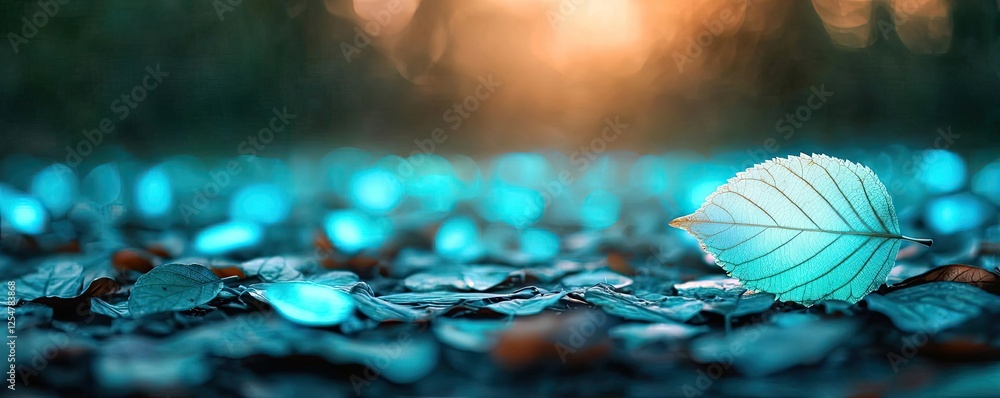 Poster glow forest idea. a serene close-up of a glowing leaf on a forest floor, illuminated by soft ambient