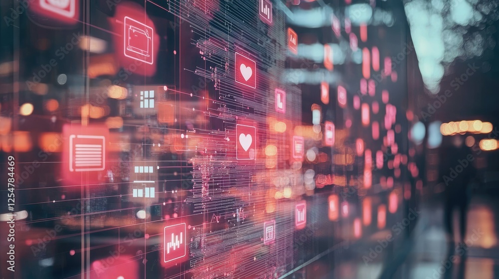 Poster abstract digital interface with neon icons and glowing elements