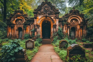 Fototapeta premium Historic mausoleum surrounded by overgrown foliage in a serene cemetery during autumn