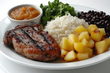 Grilled pork chop served with rice, black beans, applesauce, and parsley.