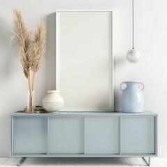 A modern. minimalist living room interior featuring a large white frame mockup. a blue cabinet. and a vase with pampas grass