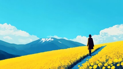 A solitary figure walks through a vibrant yellow flower field under a clear blue sky with mountain