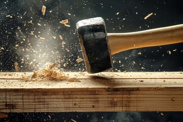 A powerful hammer strikes a wooden plank, sending wood shavings flying. The action captures the essence of craftsmanship and woodworking expertise.