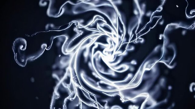 Monochromatic particle simulation in infinite darkness. Silvery-white mist forms hypnotic spiral patterns, creating depth and mystery through ethereal movement and atmospheric diffusion.