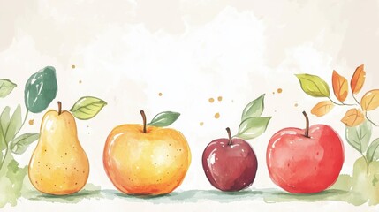 A colorful watercolor illustration of assorted fruits including apples and pears, adorned with leaves, perfect for fresh and vibrant designs.
