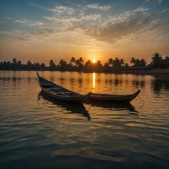 Describe a peaceful evening by a shimmering jheel, where the golden hues of the setting sun reflect on its still waters. What emotions does the scene evoke?