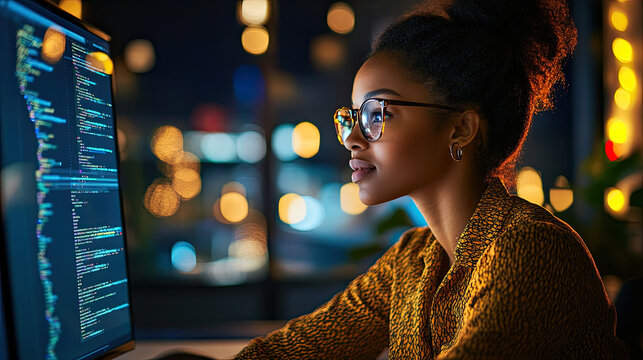 A focused individual coding on a computer in a cozy, illuminated environment.