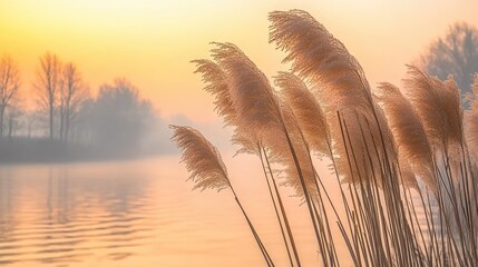 Sunrise over calm river, reeds in foreground, misty background, nature scene