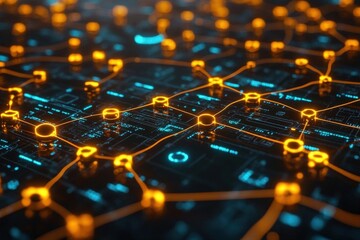 Abstract Circuit Board Design With Glowing Orange And Blue Lights