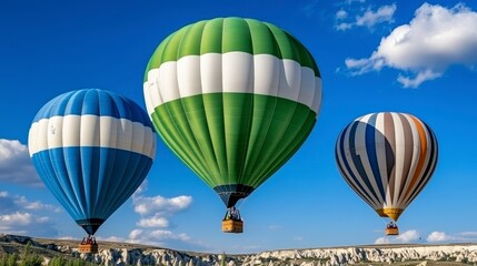 Obraz premium Three colorful hot air balloons float against a vibrant blue sky dotted with fluffy white clouds, over a landscape of light beige and tan hills