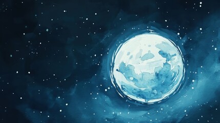 Naklejka premium A stunning watercolor illustration of a full moon glowing against a deep blue starry sky, evoking a sense of wonder and calm in the cosmos.