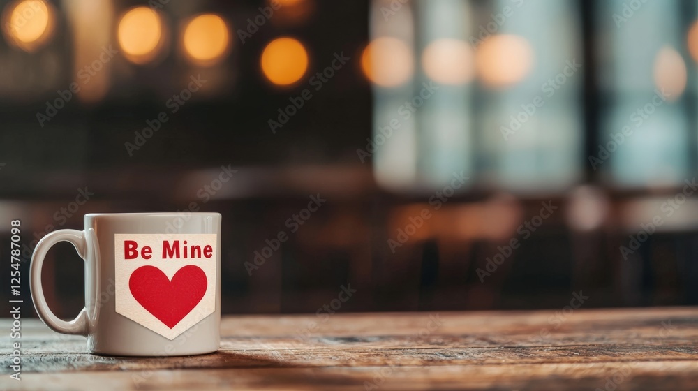 Poster a cozy mug with a heart design sits on a wooden table, surrounded by soft bokeh lights, creating a w