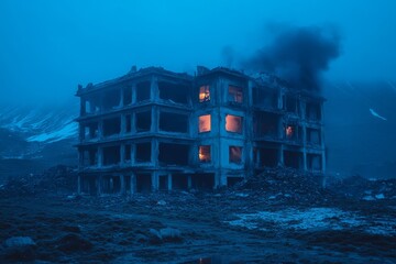 Abandoned building with glowing windows amidst a foggy landscape during twilight hours