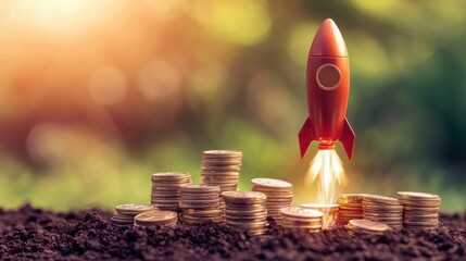 A vibrant rocket launching from a pile of coins symbolizes financial growth and innovation, representing entrepreneurial spirit and investment success.