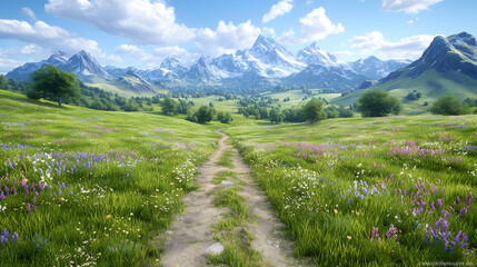 Mountain valley path, wildflowers, summer