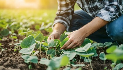 Fototapeta premium Farmer carefully inspects young green soybean plants in the field