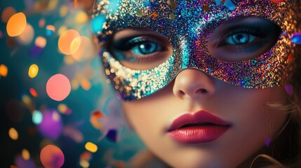 A girl wearing a dramatic carnival mask, her eyes peeking through, surrounded by carnival lights and confetti.