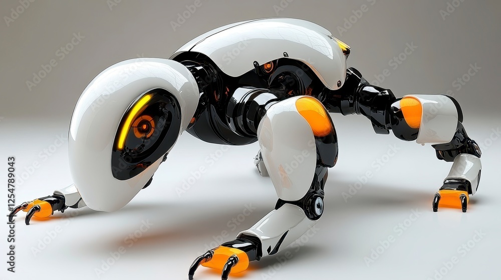 Poster digital rendering of a white and orange robot, resembling a quadruped, crouched in a dynamic pose ag
