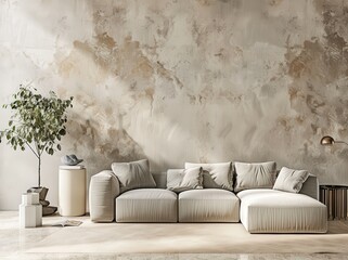 A modern living room with a large sectional sofa. a potted plant. and a textured wall