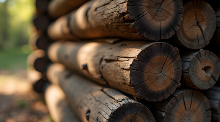 Naklejka premium Rustic Log Cabin Wall Detail: Close-Up of Weathered Wooden Logs, Textured Timber, and Natural Wood Grain in Sunlight for Backgrounds & Textures