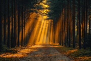 Naklejka premium Golden Sunlight Path Through Forest
