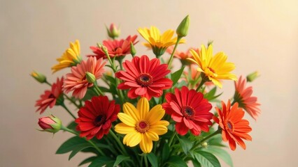 A vibrant bouquet of cheerful red and yellow gerbera daisies arranged in a lush floral display, showcasing the beauty of nature's colorful blossoms