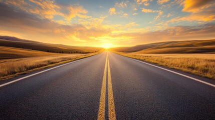 Naklejka premium Sunset road trip Asphalt highway towards golden horizon